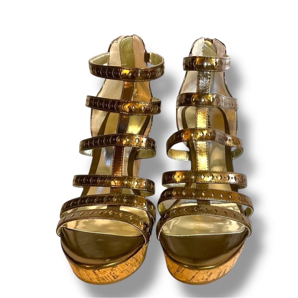 NWT Metallic Gold Strappy Cork Wedge Sandals New in Box